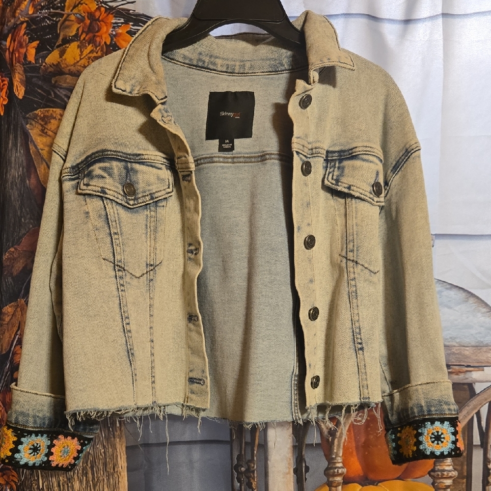 Skinnygirl Beige Denim Jacket with Floral Cuffs